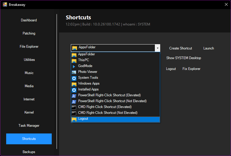 Breakaway Shortcuts Tab