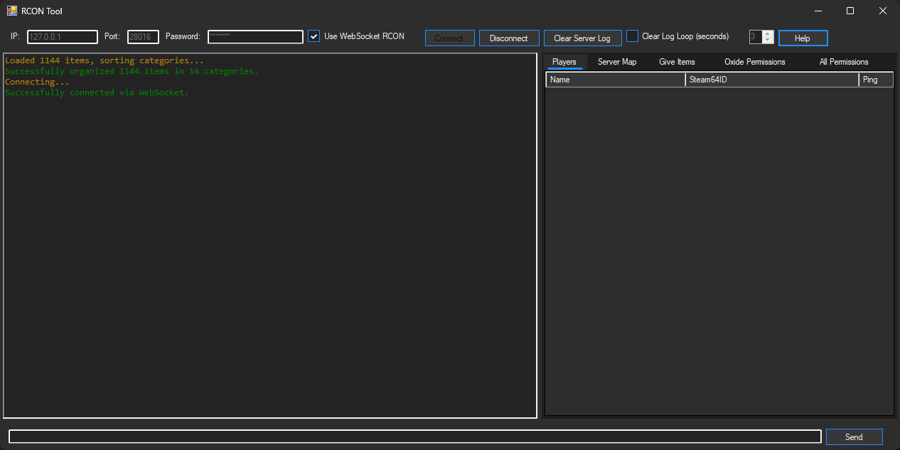 RCON Tool Connected to Server View