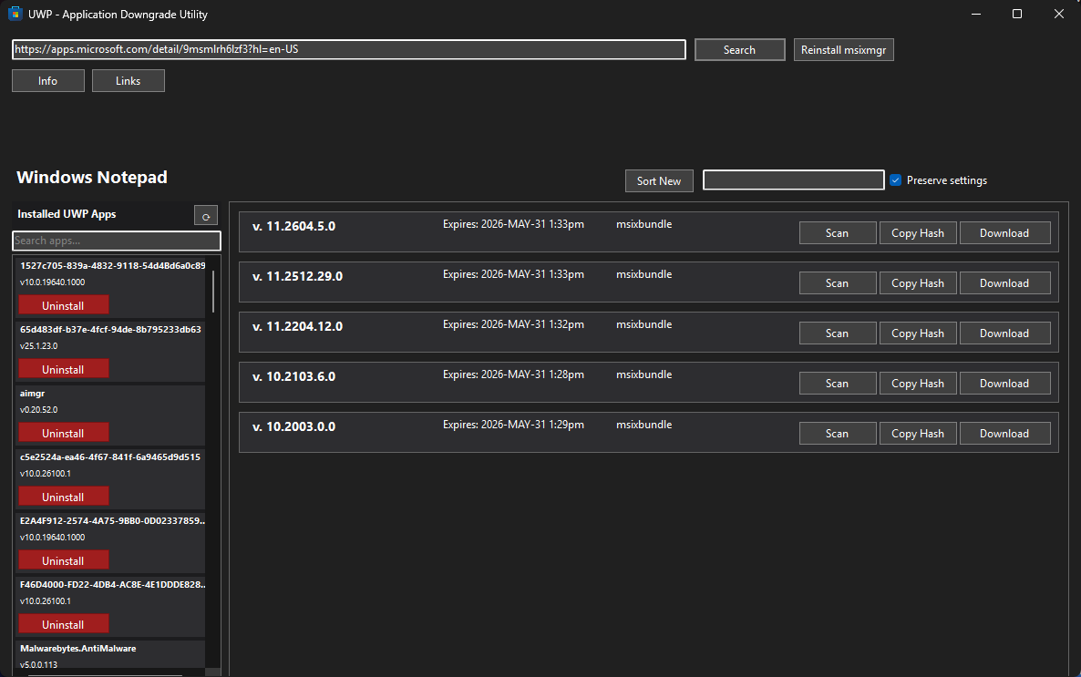 UWP-ADU Version List