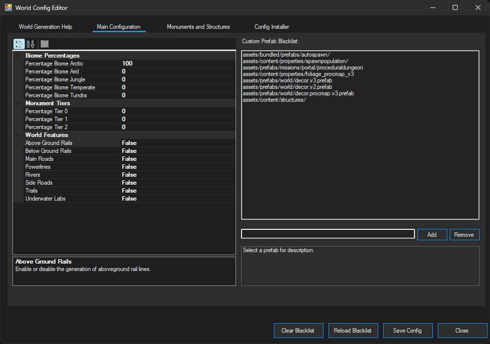 World Config Editor Initial View