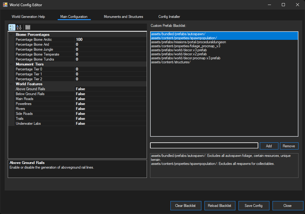 World Config Editor Item Selection