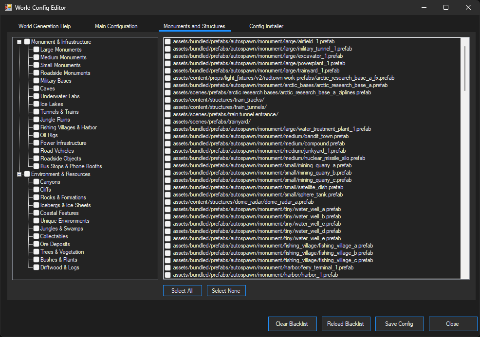 World Config Editor Prefabs List