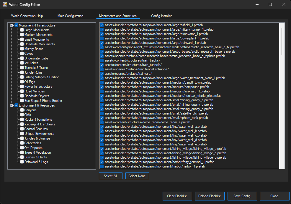 World Config Editor Prefabs List All