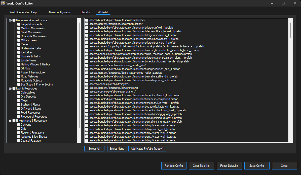 World Config Editor Whitelist Keeps Prefabs Selected Only